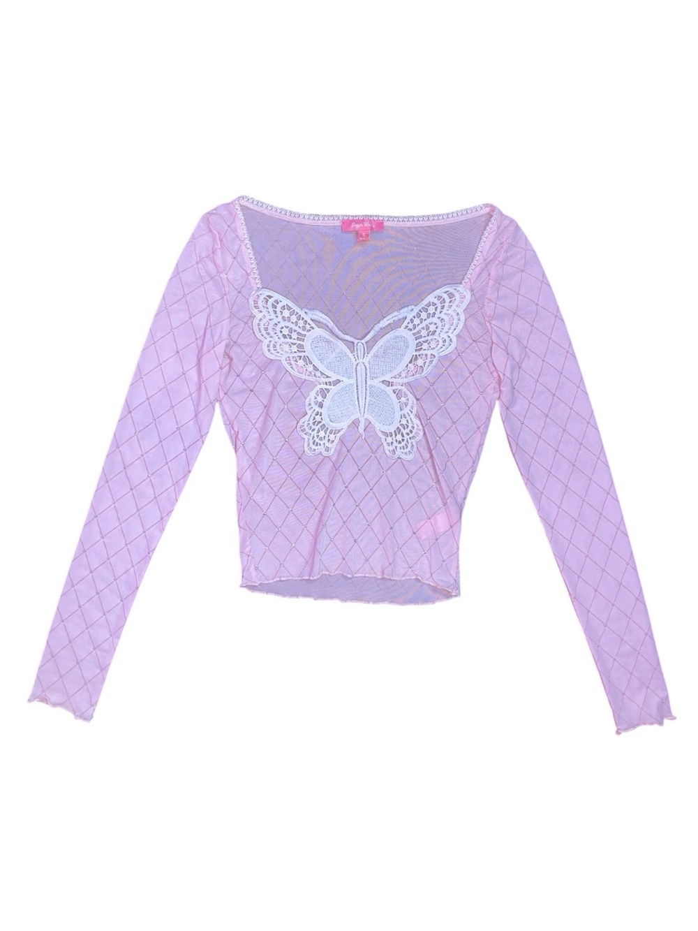 Sugar Thrillz Y2K Butterfly Mesh Top Pink Sheer Glitter Long Sleeve Small